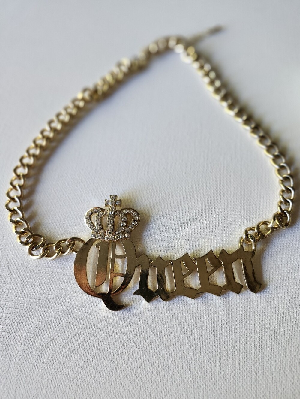 Queen Script Nameplate Necklace in Gold with Crown Accent